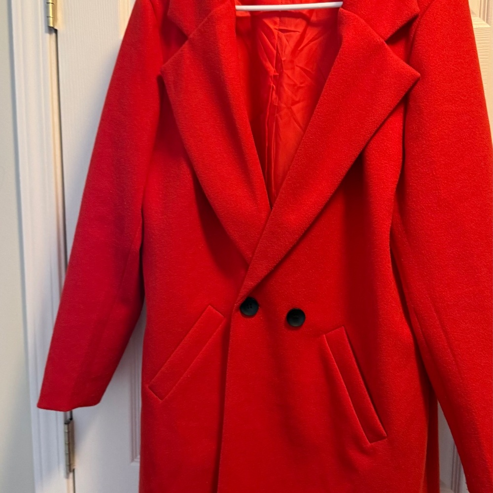 Bold Red Double-Breasted Wool-Blend Coat – Women’s XL